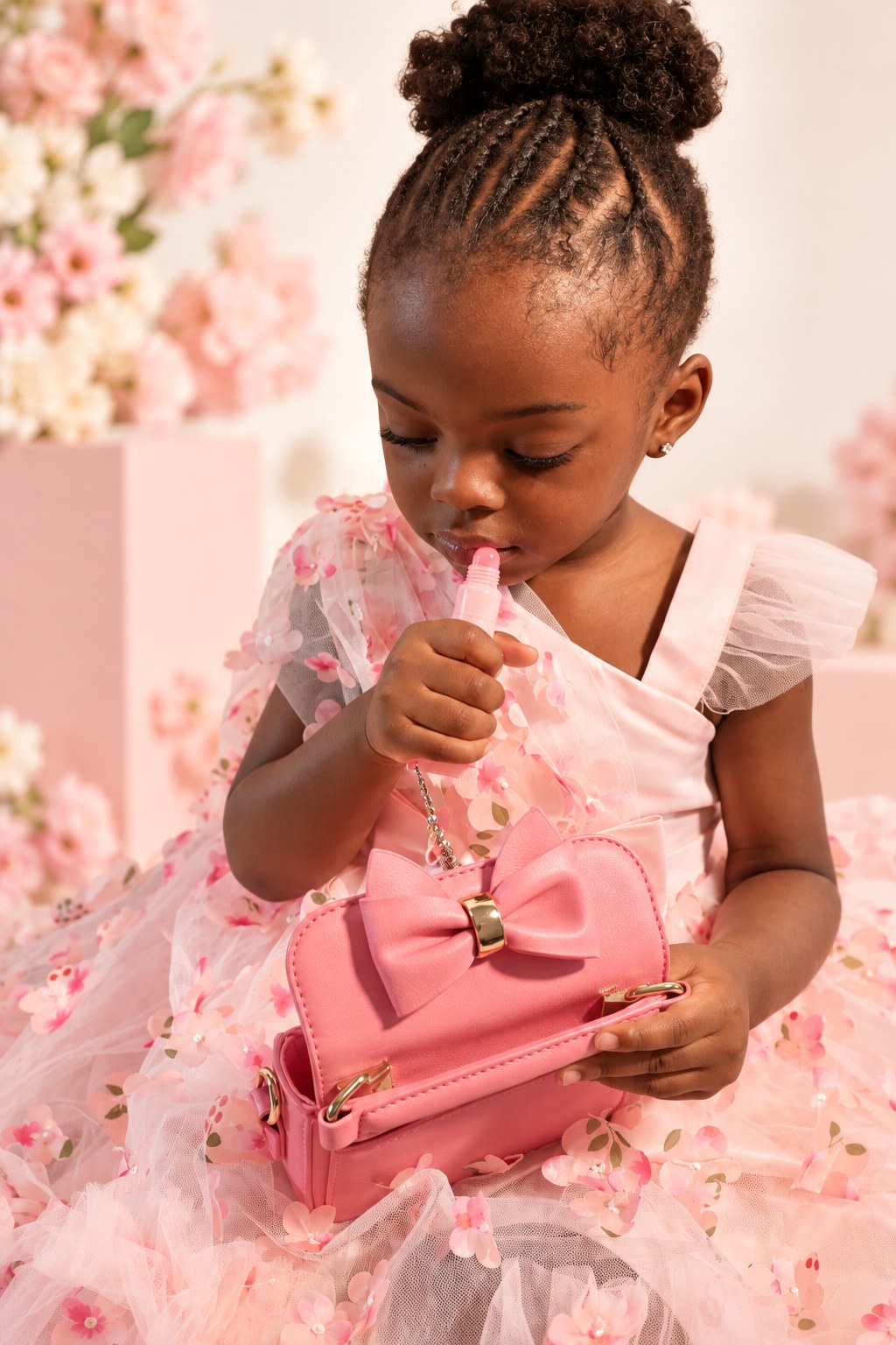 Girl applying lip gloss from her NERIAH Bow Bag