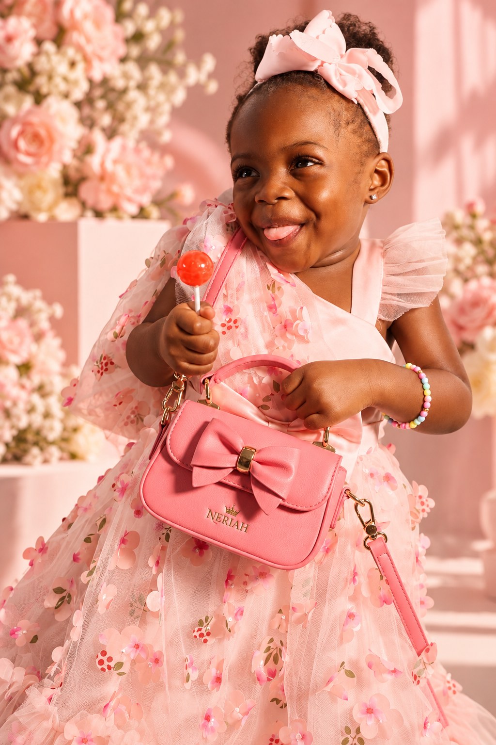 Girl laughing with Blush Pink NERIAH Bow Bag