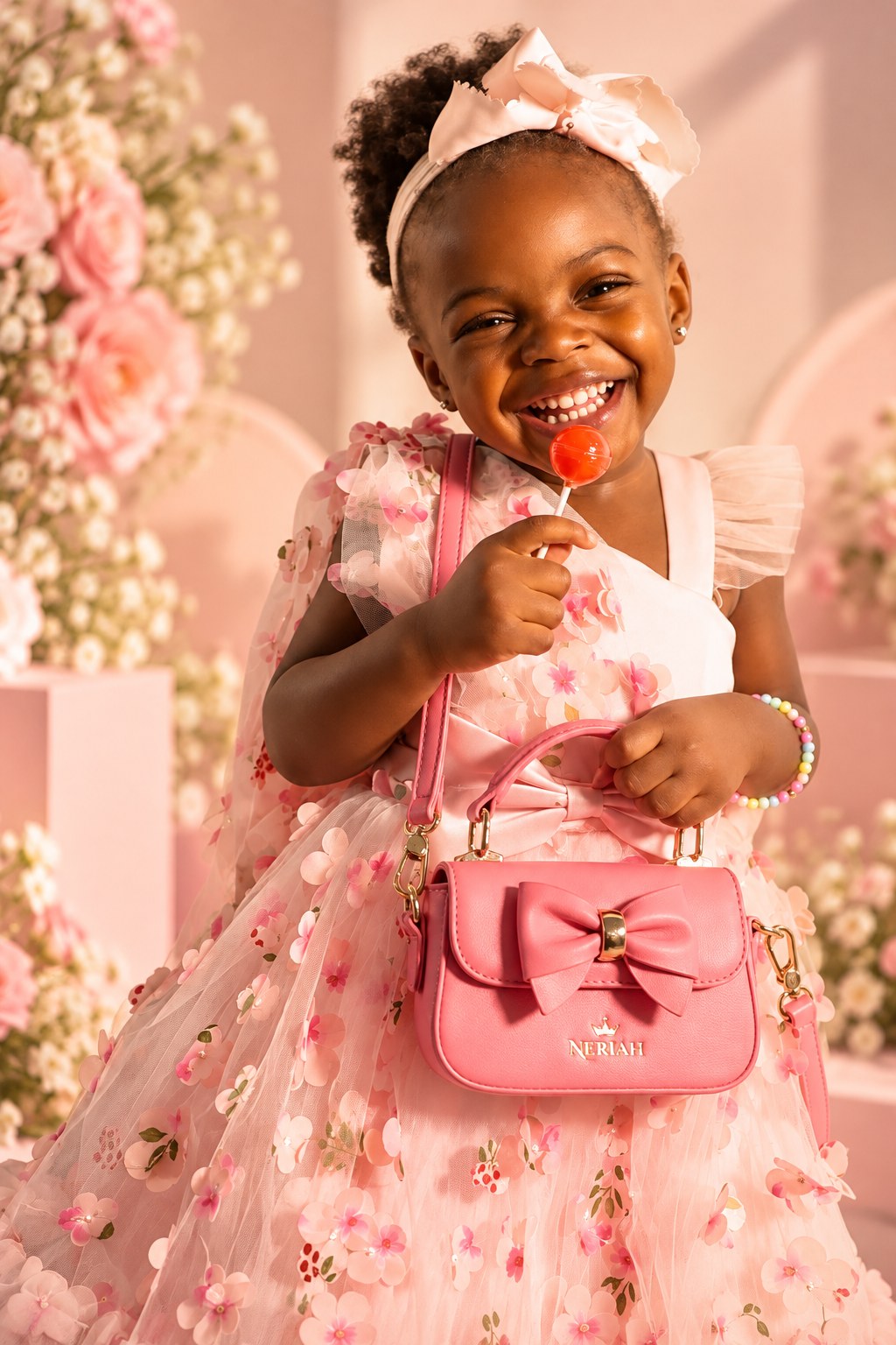 Girl carrying Blush Pink NERIAH Bow Bag